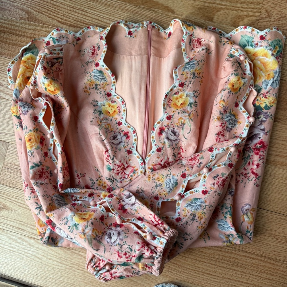 Zimmermann Zinnia Scallop Mini Dress Pink Floral Long Sleeve Linen - Size XS - Picture 10 of 15